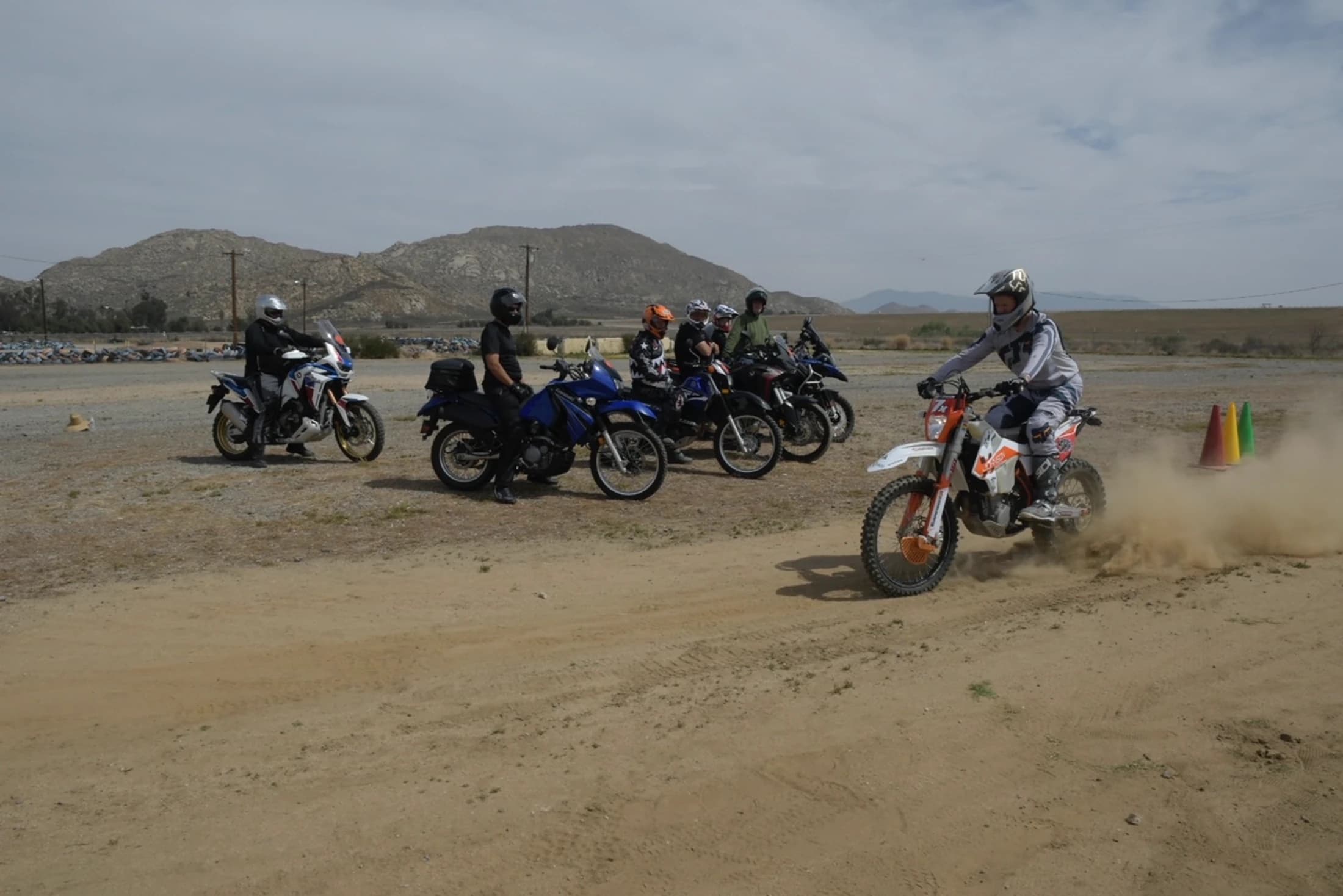 The group out on their adventure bikes in the Southern California desert